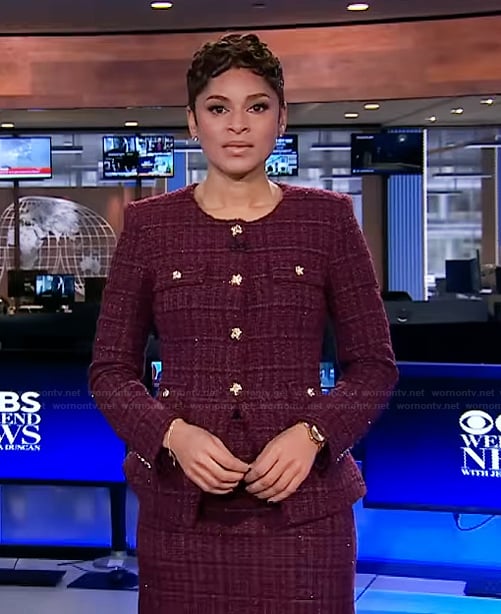 Jericka's red tweed jacket and mini skirt on CBS Evening News