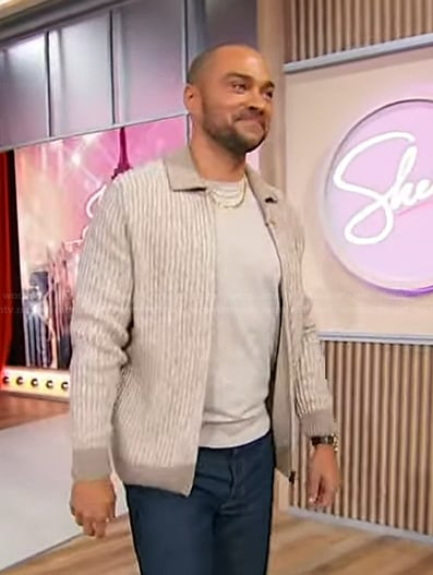 Jesse Williams’s beige collared cardigan on Sherri