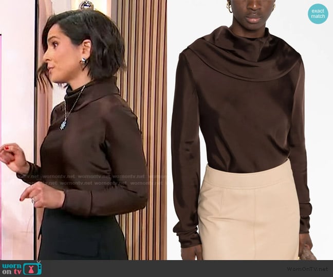 Bahar’s brown cowl neck blouse on Sherri Bahar’s brown cowl neck blouse on Sherri
