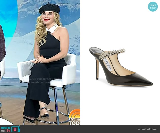 Jimmy Choo Bing Crystal Embellished Patent Mule worn by Tara Lipinski on Today