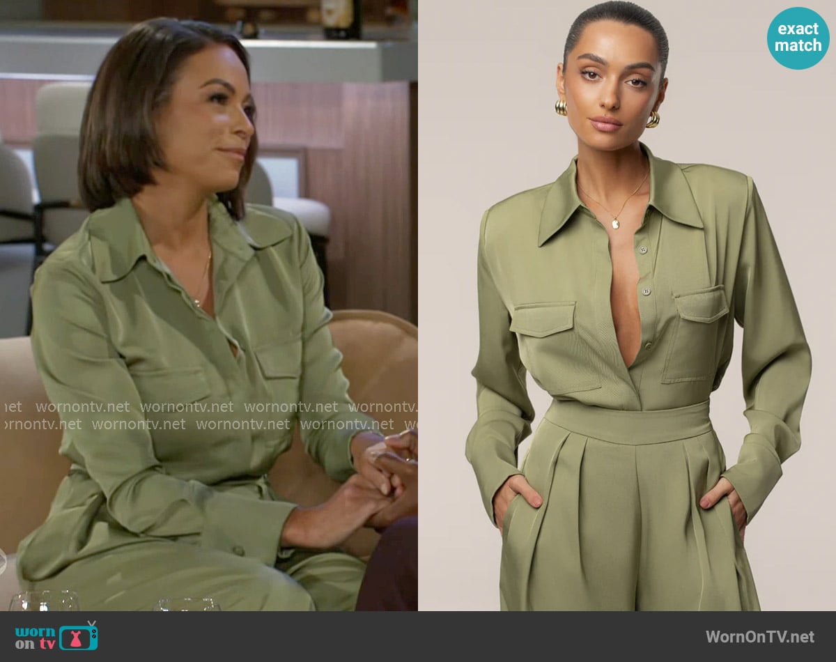 JLuxLabel Misty Button Up in Olive worn by Nicole Dupree Richardson (Daphnee Duplaix) on Beyond the Gates