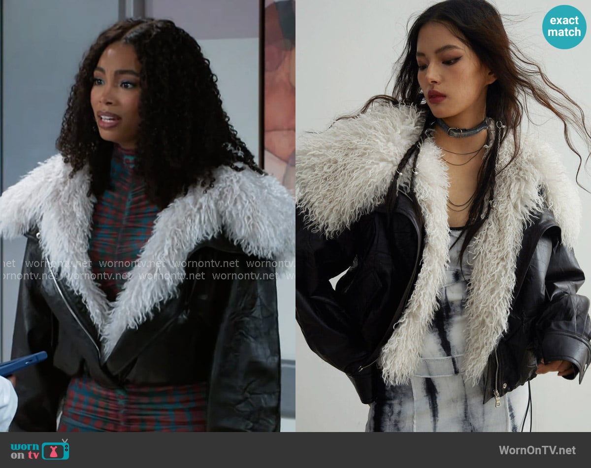 Jnylon Studios Faux Leather Jacket With Detachable Oversized Fur Collar worn by Chelsea Hamilton (RhonniRose Mantilla) on Beyond the Gates