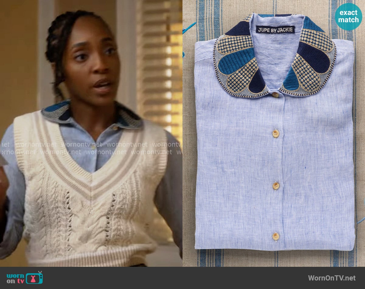 Faith’s blue embroidered collar shirt on Will Trent