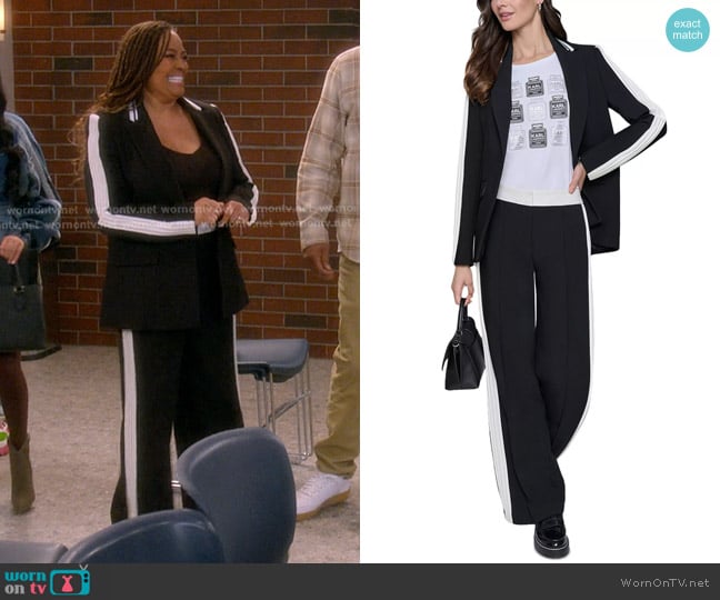 Karl Lagerfeld Paris Contrast Pleated Trim Blazer and Pants worn by Regina Upshaw (Kim Fields) on The Upshaws