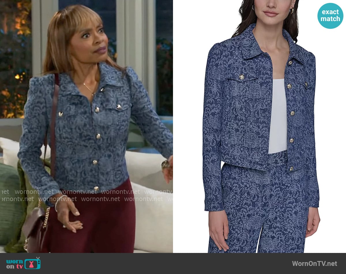 Tracy’s damask print denim jacket on Beyond the Gates Tracy’s damask print denim jacket on Beyond the Gates