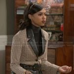 Kat’s houndstooth and leather jacket romper on Beyond the Gates