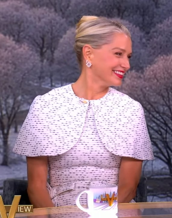 Katherine LaNasa’s white textured bib dress on The View