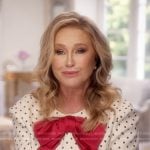 Kathy’s white polka dot confessional dress on The Real Housewives of Beverly Hills