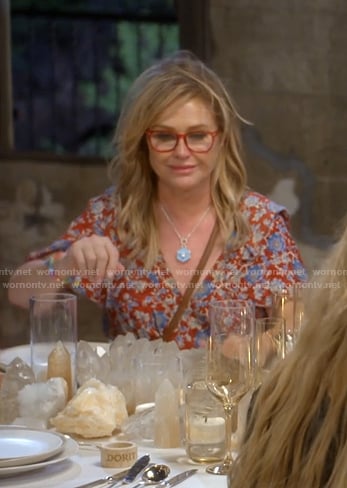Kathy's red floral ruffle dress on The Real Housewives of Beverly Hills