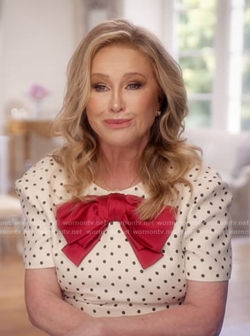 Kathy's white polka dot confessional dress on The Real Housewives of Beverly Hills