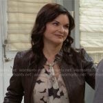 Katie’s floral blouse and leather jacket on The Bold and the Beautiful