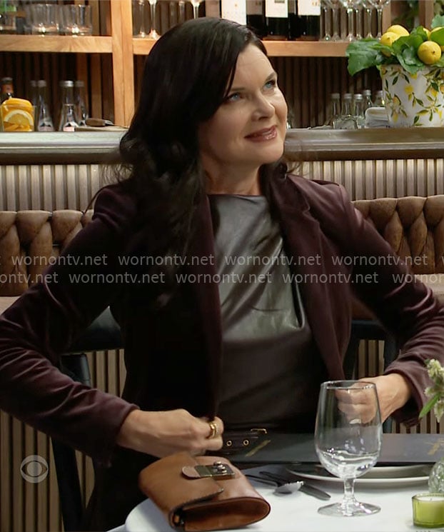 Katie's brown leather top and velvet blazer on The Bold and the Beautiful