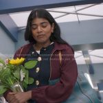 Kavita’s navy knit vest with gold button and tote bag on Greys Anatomy
