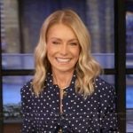 Kelly’s blue polka dot print top on Live with Kelly and Mark