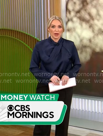 Kelly O’Grady’s navy satin blouse on CBS Mornings