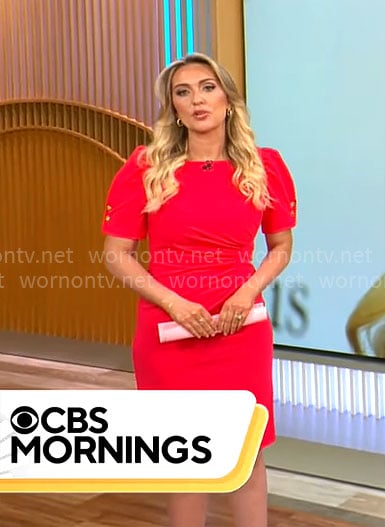 Kelly O'Grady's red puff-sleeve dress on CBS Mornings