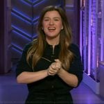 Kelly’s navy cashmere knit jumpsuit on The Kelly Clarkson Show