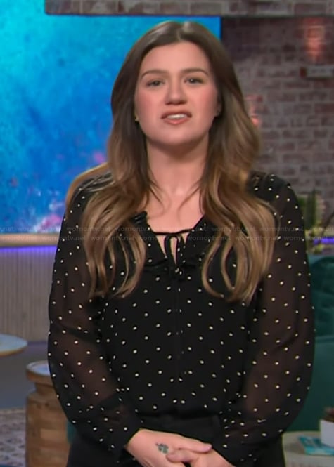 Kelly’s black polka dot sheer blouse on The Kelly Clarkson Show