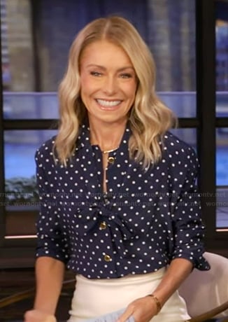 Kelly’s blue polka dot print top on Live with Kelly and Mark