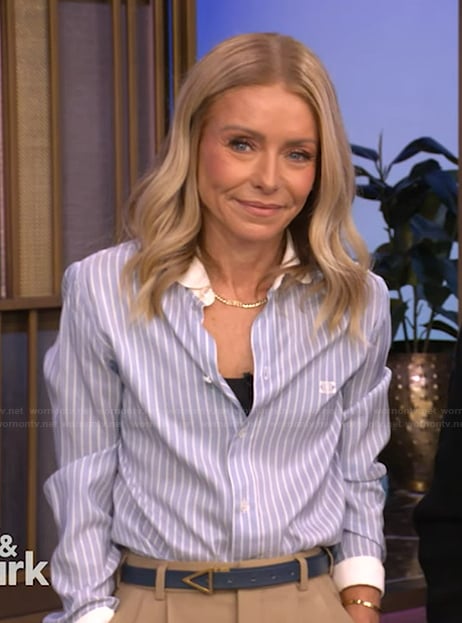 Kelly's blue stripe shirt on Live with Kelly and Mark