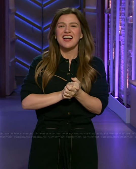 Kelly's navy cashmere knit jumpsuit on The Kelly Clarkson Show