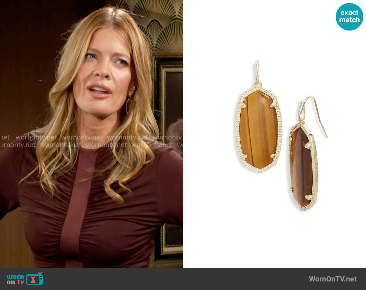 Kendra Scott Elle Earrings in Brown Tigers Eye/ Gold worn by Phyllis Summers (Michelle Stafford) on The Young and the Restless