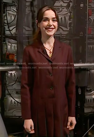 Kiernan Shipka's burgundy plaid pleated blazer dress on Today