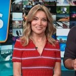 Kit’s red stripe ribbed sweater on Access Hollywood