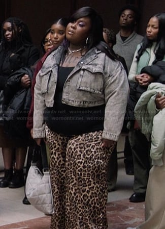 Krystal’s gray cropped denim jacket on Abbott Elementary