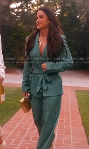 Kyle's green satin tie front blazer and pants on The Real Housewives of Beverly Hills