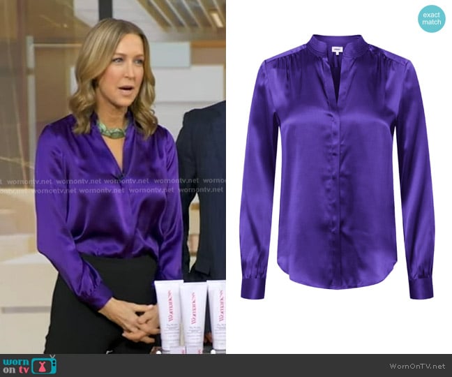 L'Agence Bianca Silk Satin Blouse in Deep Violet worn by Lara Spencer on Good Morning America