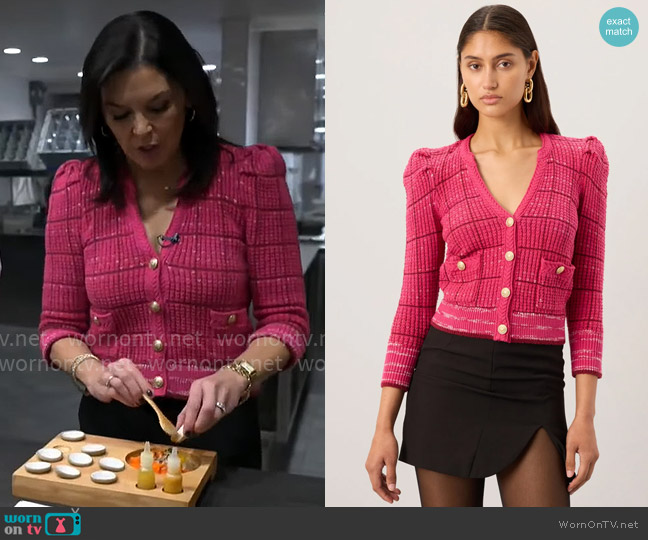 L'Agence Jenni Cardigan in Pink Multi worn by Meg Oliver on CBS Mornings