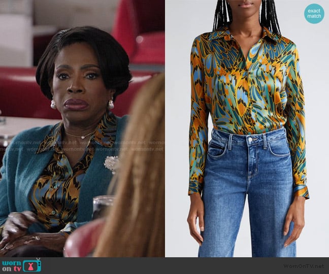 L'Agence Tyler Parrot Feather Print Silk Button-Up Shirt worn by Barbara Howard (Sheryl Lee Ralph) on Abbott Elementary