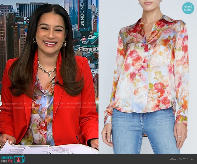 L'Agence Tyler Silk Shirt in Pink Multi Soft Cloud Floral worn by Morgan Radford on NBC News Daily