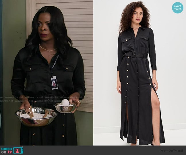 Ava’s black satin utility dress on Abbott Elementary