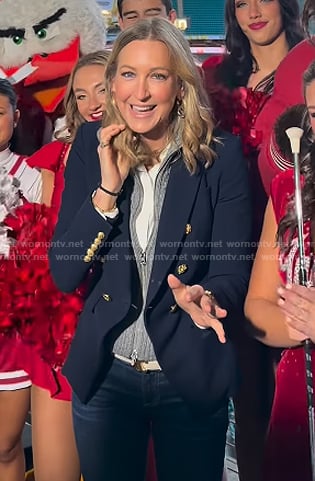 Lara’s grey cable knit jacket and navy blazer on Good Morning America