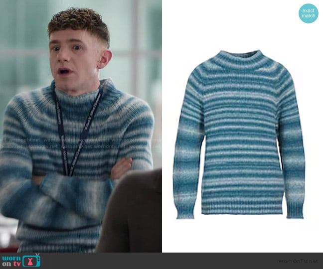 Jacob’s blue striped mohair sweater on Abbott Elementary