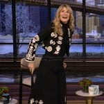 Laura Dern’s black floral embroidered jacket and skirt on Live with Kelly and Mark