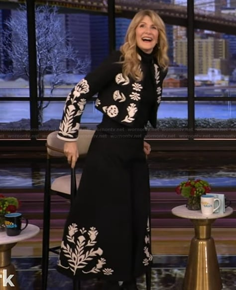 Laura Dern’s black floral embroidered jacket and skirt on Live with Kelly and Mark