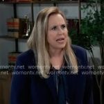 Laura’s floral tie-neck blouse and navy blazer on General Hospital
