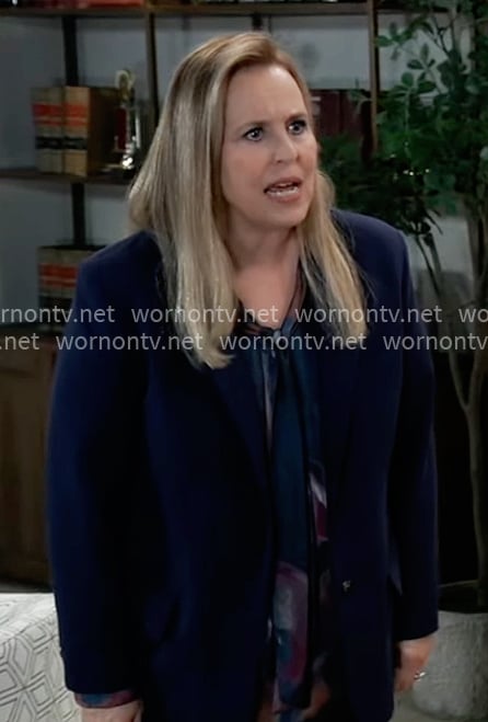 Laura's floral tie-neck blouse and navy blazer on General Hospital