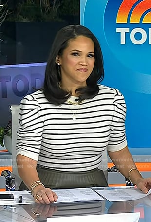 Laura’s white striped sweater and pleated leather skirt on Today