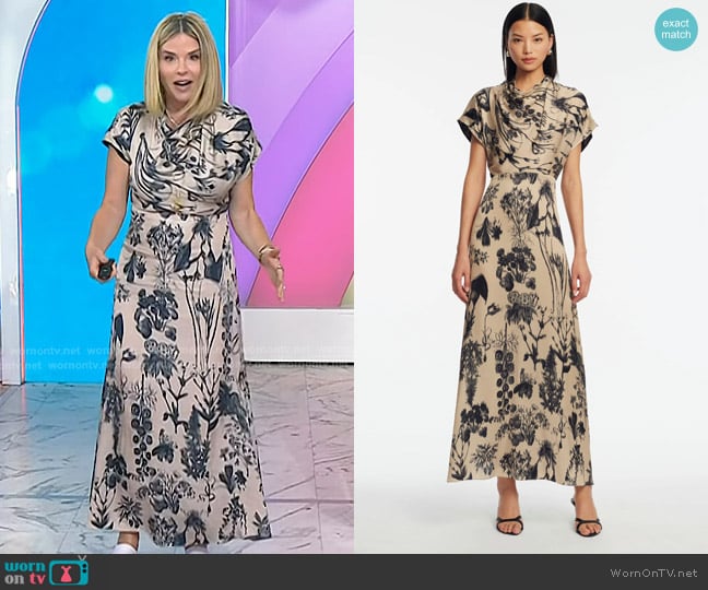 Lela Rose Floral Satin Cowl Neck Dress in Taupe worn by Jenna Bush Hager on Today