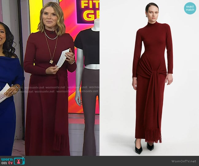 Lela Rose Merino Wool Knit Mock Neck Wrap Dress in Wine worn by Jenna Bush Hager on Today