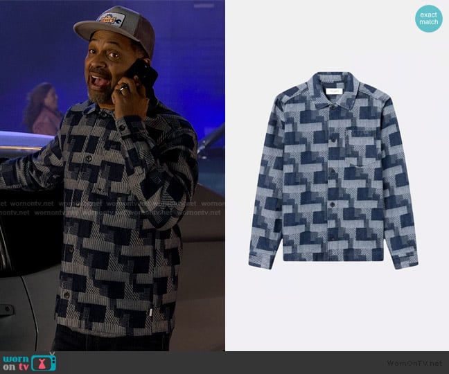 Les Deux Layton Denim Jacquard Overshirt worn by Bernard Upshaw (Mike Epps) on The Upshaws