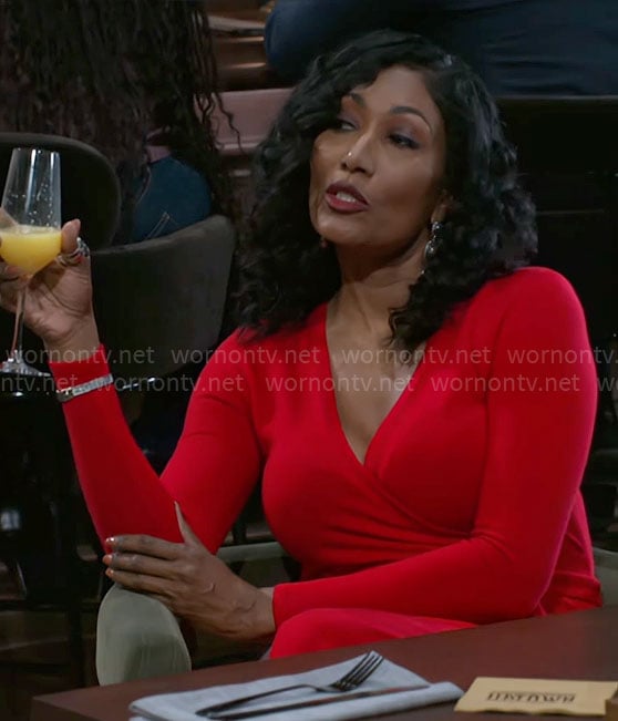 Leslie’s red wrap dress on Beyond the Gates