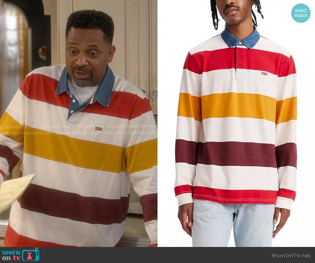 Levi's Classic Long Sleeve Rugby Shirt in Egret worn by Bernard Upshaw (Mike Epps) on The Upshaws