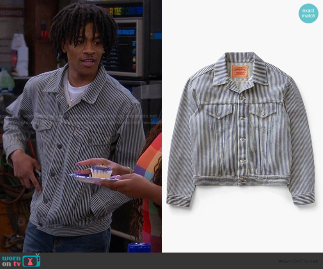 Levis Hickory Stripe Trucker Jacket worn by Kelvin  (Diamond Lyons) on The Upshaws