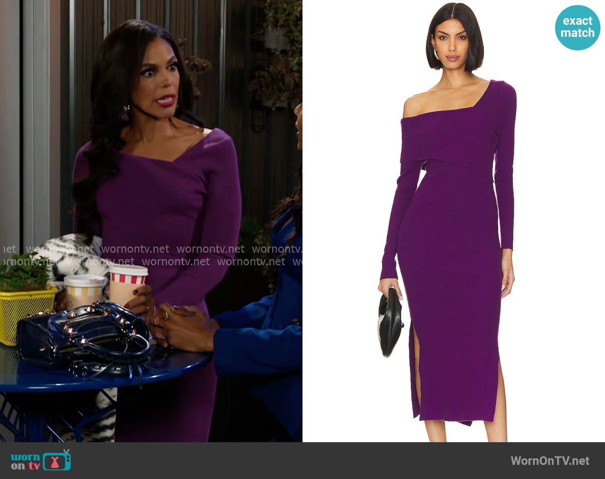 Line & Dot Sylvie Midi Dress in Purple worn by Dani Dupree (Karla Mosley) on Beyond the Gates