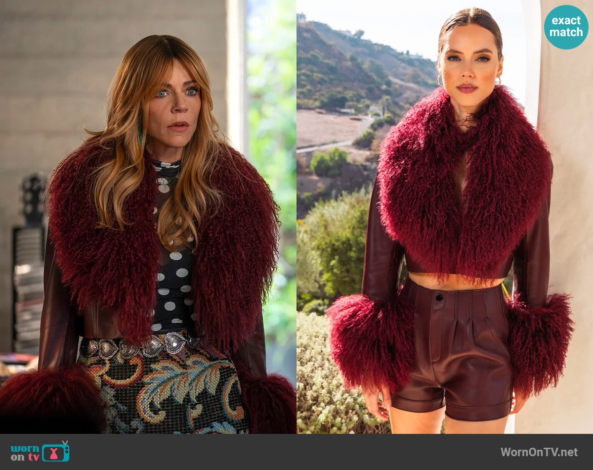 Lisa Maree Awaken Leather and Mongolian Wool Cropped Jacket in Burgundy worn by Morgan Gillory (Kaitlin Olson) on High Potential